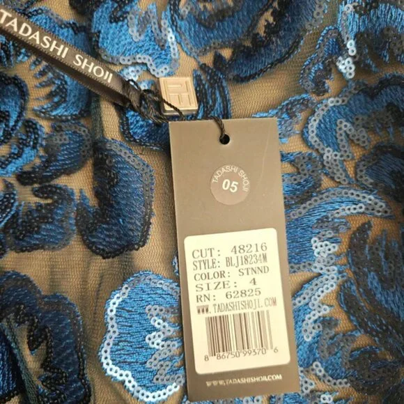 Tadashi Shoji Blue Lace Floral Mesh Sequin Cocktail Dress Womens 4 NWT - Picture 7 of 9